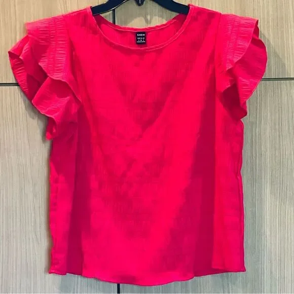Hot Pink Ruffle Sleeve Top Blouse Flirty Feminine Large - Picture 1 of 8